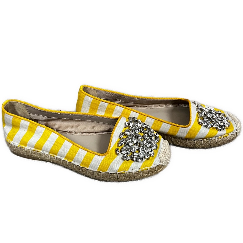 Le Silla Women's Canvas Bejeweled Yellow Striped‎ Espadrille Flats- Size 6.5